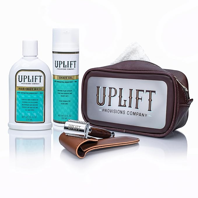 Uplift’s Luxury Shave Set for All: Pamper Yourself with Our Sulfate-Free Hair & Body Wash and Plant-Infused Shave Gel, Complete with a Handmade Wooden Razor for the Perfect Shave