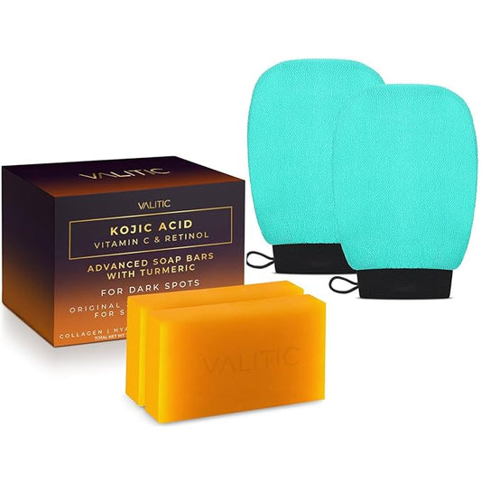VALITIC 2 Pack Kojic Acid Vitamin C & Retinol Soap Bars for Dark Spot & A Pair of Turquoise Exfoliating Gloves for Body Scrubs