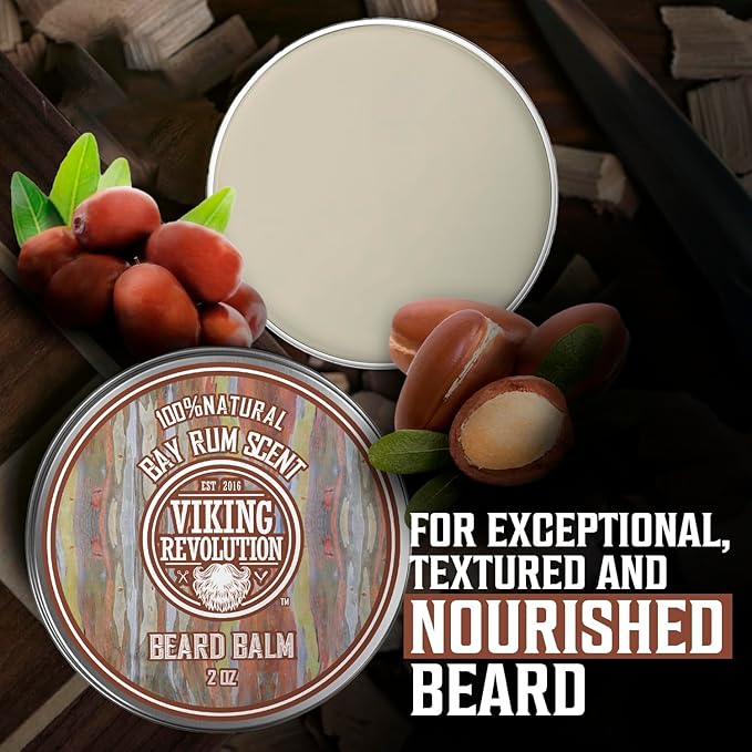Viking Revolution Bay Rum Beard Balm - Beard Butter with Argan Oil & Jojoba Oil - Softener, Moisturizer & Wax for Men (2oz, 1 Pack)