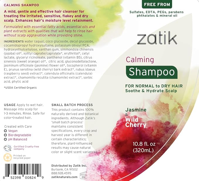 Zatik Naturals - Calming Shampoo + Conditioner Set, with Jasmine and Wild Cherry for Dandruff - Vegan Biodegradable, pH Balanced, FREE FROM EDTA, PEG, Paraben, phthalates, 10.8 oz (One each)