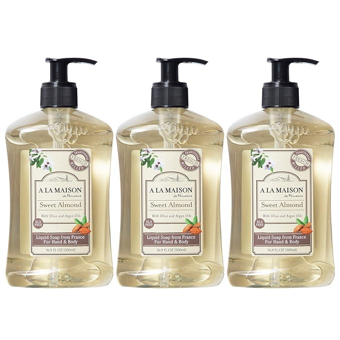 A LA MAISON French Liquid Hand Soap, Almond - Natural Hand Wash Made with Essential Oils - Biodegradable, Plant-Based, Vegan, Cruelty-Free, Alcohol & Paraben Free (16.9 oz, 3 Pack)