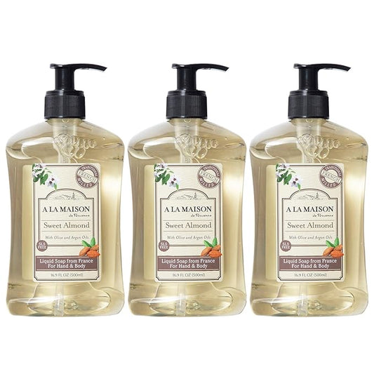 A LA MAISON French Liquid Hand Soap, Almond - Natural Hand Wash Made with Essential Oils - Biodegradable, Plant-Based, Vegan, Cruelty-Free, Alcohol & Paraben Free (16.9 oz, 3 Pack)