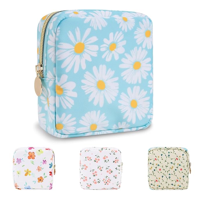Waterproof Mini Floral Makeup Bag Pouch for Purse,Nylon Flower Cosmetic Travel Bag Small Preppy Toiletry Organizers Bag for Women Girl,Cute Zipper Pouch Coin Purse for Work(Mini Blue-Daisy)