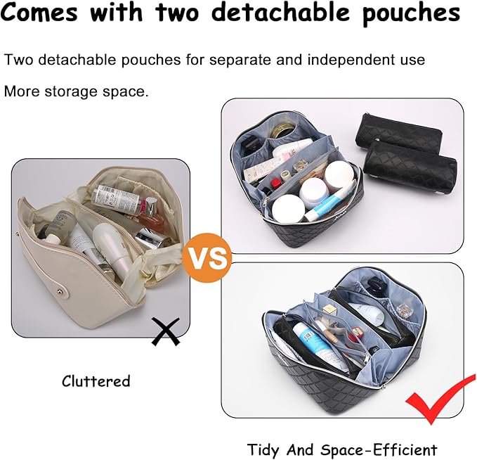 BOYATU Travel Makeup Bags Cosmetic Organizer Bag: 3-Set Large Capacity Make up Bag - PU Leather Toiletry Bags for Women - Wide Open Portable Pouch with Divider & Handle (07-Black 6)