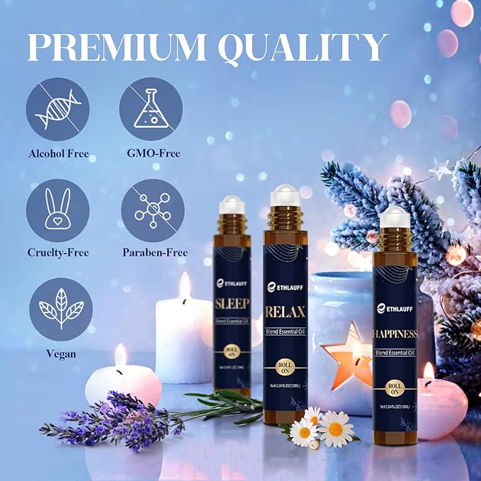 Essential Oil Roller Set, (Sleep, Relax, Happiness) Aromatherapy Roll On for Body Skin Care, Home - Natural Aromatherapy Gift, Relaxtion Gift, Stress Relief Gift for Women and Men