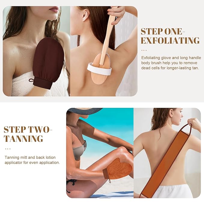 4-in-1 Self Tanner Applicator Kit - Self Tanning Mitt with Long Handle Body Brush for Back Exfoliating and Streak-free Self Tan