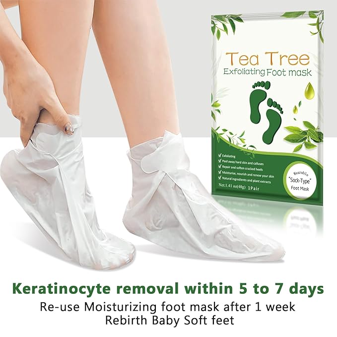 Foot Peeling Mask Moisturizing Socks 5Pairs, Foot Mask Remove Dead Skin, Rough Callus and Cracked Heels, Dry Skin Moisturizer for Soft and Smooth Baby Touch Feet (Tea Tree)