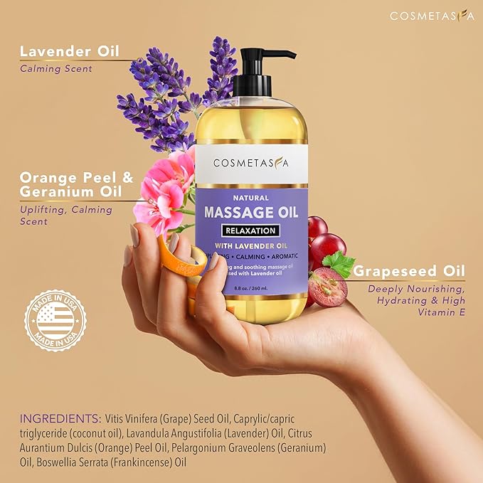 Cosmetasa Spa Gift Set for Women & Men - Relaxation Lavender Massage Oil, Citrus Coconut Oil, Arnica Sore Muscle Massage Oil with Hot Stones, Roller Ball and Thumb Saver Massage Tools