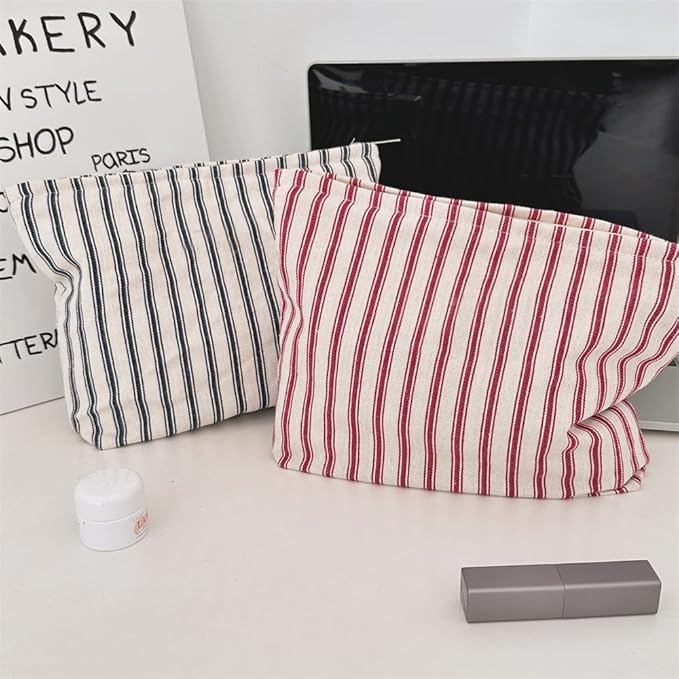 PAZIMIIK Makeup Bag Large Cotton Zipper Pouch for Purse Travel Canvas Make Up Organizer for Women Cosmetic,Vintage Stripe Red
