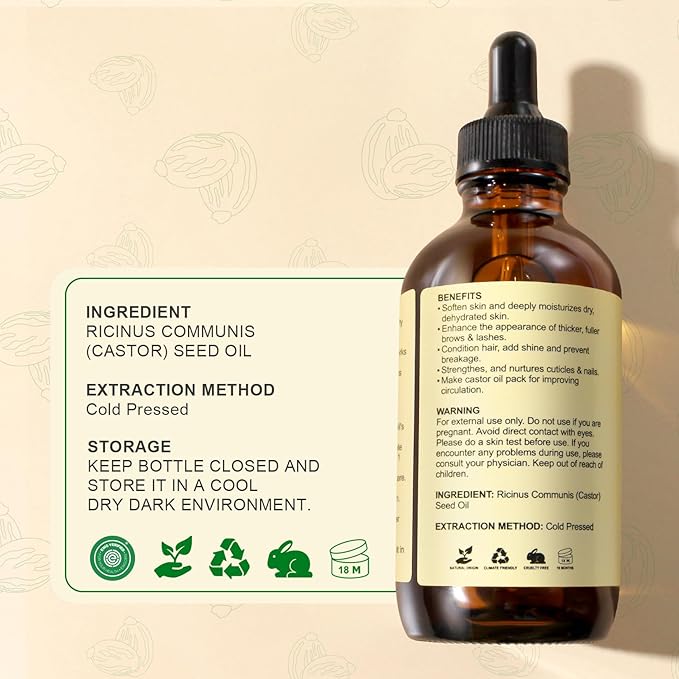 Yoken Castor Oil EWG Verified 4oz Glass Bottle - 100% Pure, Cold Pressed, Hexane Free, Virgin Caster Oils for Face, Eyelash, Eyebrow, Hair - with Lash Starter Kit & Empty Roller Ball Bottle