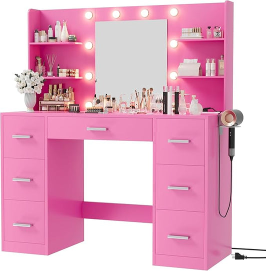 Furmax Vanity Desk with Mirror, LED Lights and Power Outlet Makeup Vanity Table with 7 Drawers and 6 Storage Shelves Dressing Table for Bedroom Dressing Room (Pink)