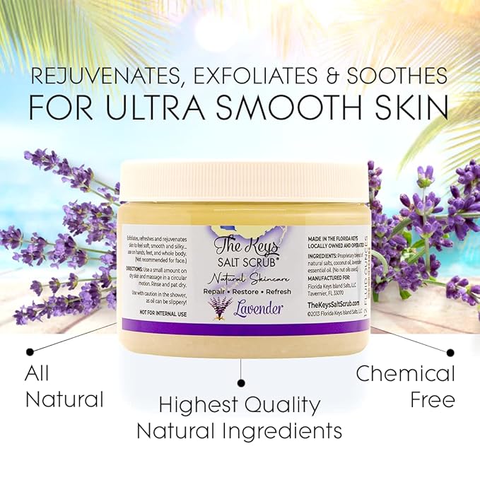 The Keys Salt Scrub - Lavender Sea Salt Scrub - Exfoliating Body Scrub with Wooden Spoon - Moisturizing Exfoliator for Face, Hands, Foot, Bath, Manicure/Pedicure & Bikini Area Skin Care (12pcs, 12oz)