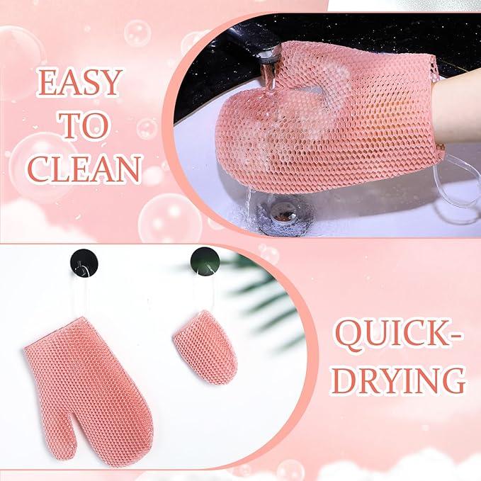 Karenhi 2 Pcs Honeycomb Exfoliating Glove Set Exfoliating Bath Mitt Honeycomb Face and Body Scrubber Shower Mitt for Cleaning Body Shower Face Skin Beauty Spa, Quick Drying(Pink)