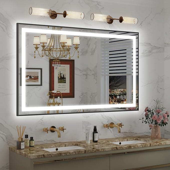 OKPAL LED Bathroom Mirror with Lights, 48x32 Black Frame LED Vanity Mirror, Lighted Mirrors for Bathroom Wall, Front and Backlit, Dimmable, Anti-Fog, 3 Colors, Shatterproof, ETL Listed