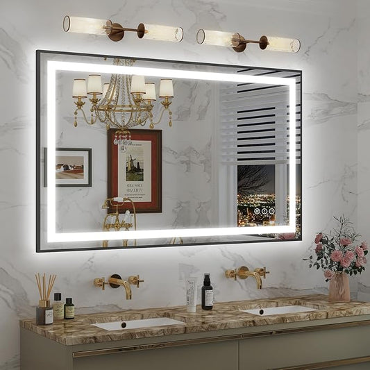 OKPAL LED Bathroom Mirror with Lights, 48x32 Black Frame LED Vanity Mirror, Lighted Mirrors for Bathroom Wall, Front and Backlit, Dimmable, Anti-Fog, 3 Colors, Shatterproof, ETL Listed