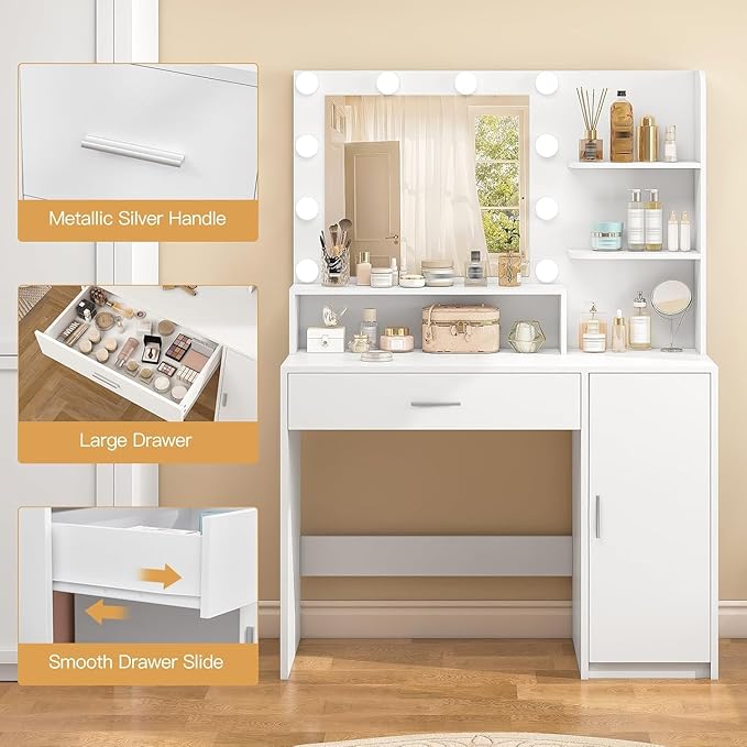 Quimoo Makeup Vanity Desk with Mirror & Lights, Vanity Desk with 5 Drawers & Storage Shelves, Vanity Table, 3 Color Modes & Adjustable Brightness Dressing Table, Bedroom, White
