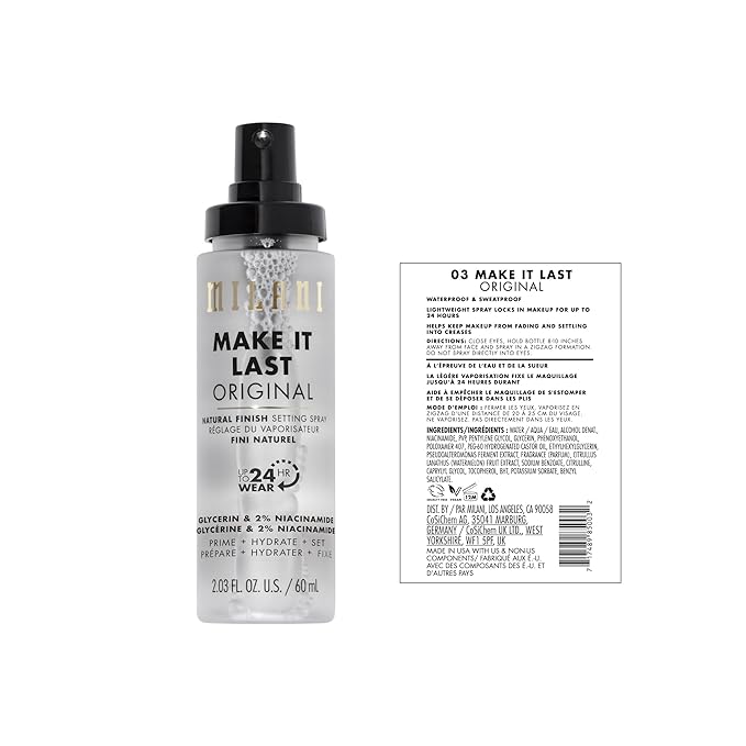 Milani Setting Spray + Primer, Make It Last Original - Natural Finish with Niacinamide for Hydration & Make It Last Matte- Oil Absorbing Charcoal Formula to Control Shine - 2 Pack