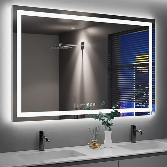 Amorho LED Bathroom Mirror 55"X40" with Front and Backlight, Stepless Dimmable Wall Mirrors with Anti-Fog, Shatter-Proof, Memory, 3 Colors, Double LED Vanity Mirror(Horizontal/Vertical)