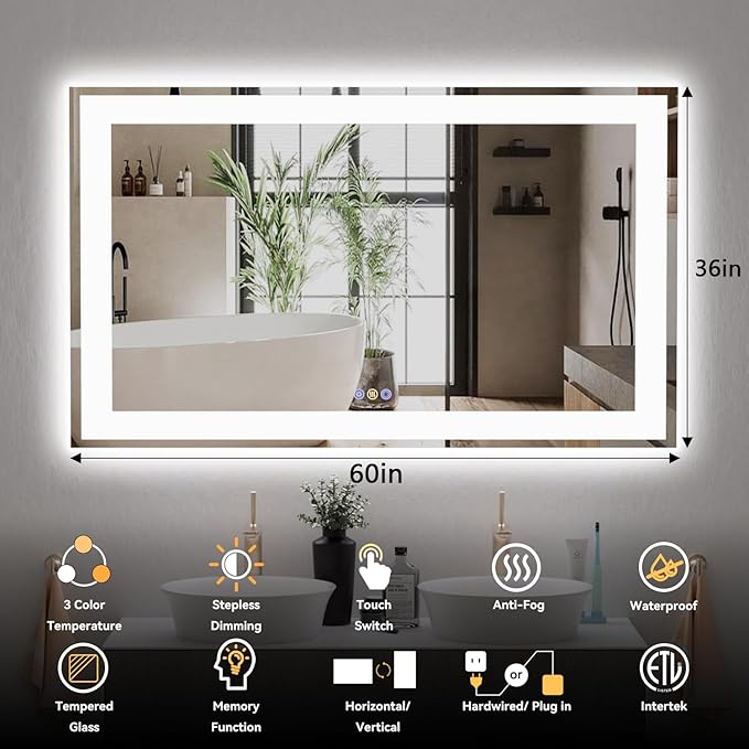 60"x 36" LED Bathroom Mirror with Lights, Front and Backlit Large LED Vanity Mirror, Controlled Separately Wall LED Smart Mirror with 3 Colors, Anti-Fog, Stepless Dimmable, Memory(UL ETL)