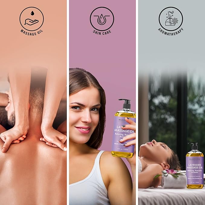 MAJESTIC PURE Lavender Massage Oil for Massage Therapy - Refreshing, and Relaxing - Natural Oils with Lavender Essential Oil - for All Skin Types - Men and Women - 8 fl oz