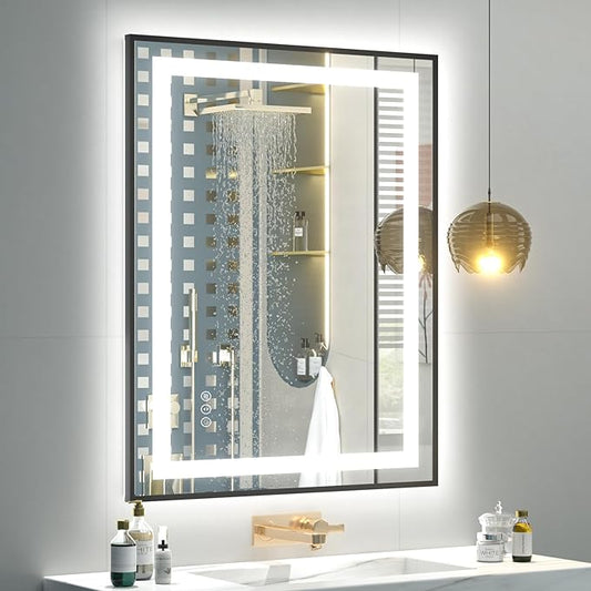 OKPAL 26x36 Black LED Bathroom Mirror with Lights, Frontlit & Backlit Metal Framed Mirror, Lighted Bathroom Vanity Mirror, Anti-Fog, Dimmable 3 Colors, Shatterproof, Horizontal/Vertical
