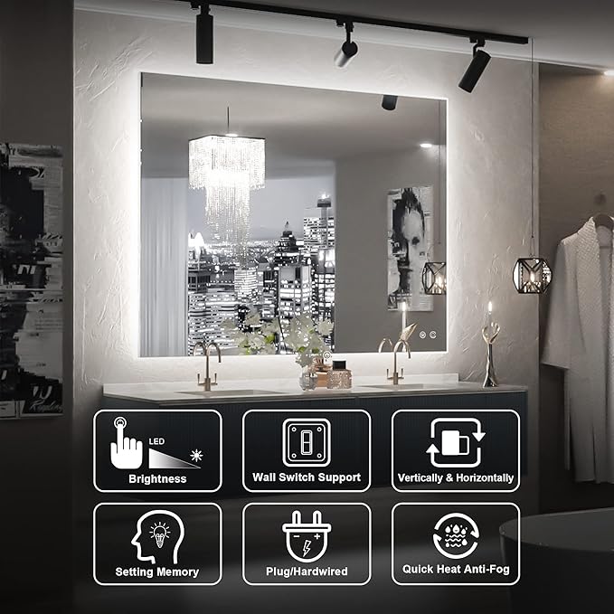 TETOTE 40 x 32 Inch LED Backlit Bathroom Vanity Mirror,Anti-Fog,Dimmable,CRI90+,Touch Button,Water Proof,Horizontal/Vertical Wall Mounted with Light