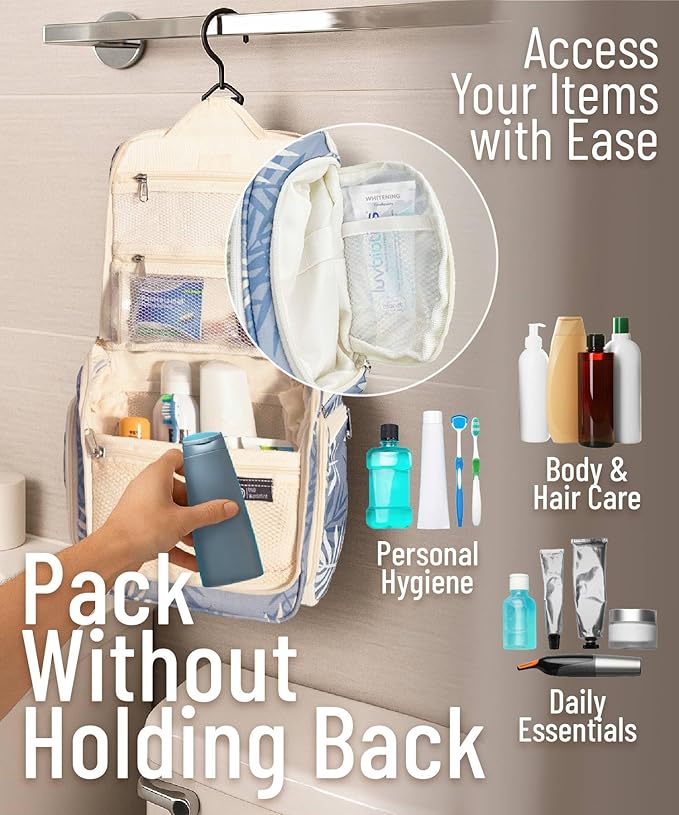 D&D Hanging Travel Toiletry Bag for Men and Women – Large Cosmetics, Makeup and Toiletries Organizer Kit with 10 Compartments, YKK Zippers, XXL Metal Swivel Hook, Water-Resistant Nylon