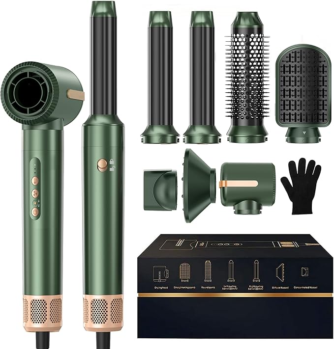 7 in ONE Hair Dryer Brush, Powerful Blow Dryer Brush with Auto- Wrap Curler, Detachable Fast Drying, Volumizing, Curling, Straightening, Ionic Hair Dryer with Diffuser, Hair Styling Tools 100-120V