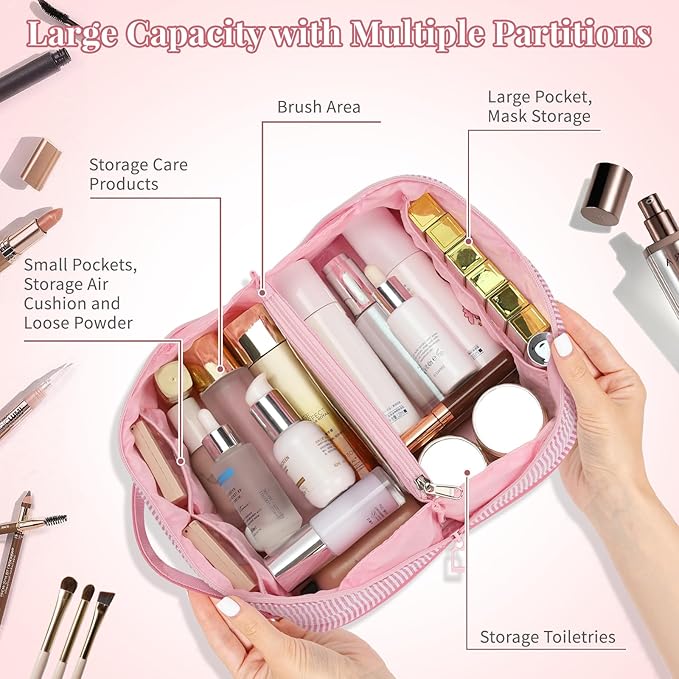 Travel Makeup Bag for Women, 2Pcs Portable Personalized Initial Makeup Organizer Bag, Open Flat Large Cosmetic Bag With Travel Essential Pouch (Pink Letter V)