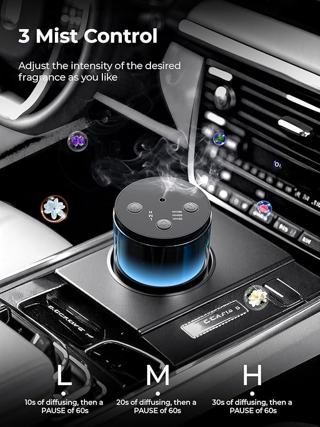 Waterless Essential Oil Diffuser: Battery Mini Scent Diffusers for Home&Car with 8 Color LED Night Light — Cool Mist Aroma Machine Deep Black