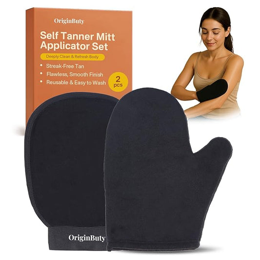 Self Tanner Mitt Applicator Set 2 Pack, Self Tanning Mitt For Self Tanner Body, Streak Free Sunless Tan Gloves, Exfoliating Gloves For Self Tanner,Tanning Mit Kit,Tan Mit Applicator