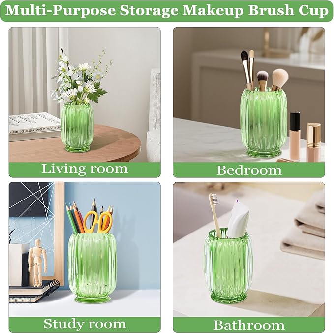 Makeup Brush Holder, Thick Glass Makeup Brush Organizer Cup, 4.8" Tall for Vanity Hair Brush Holder Brushes Storage, Makeup Brush Holder Organizer organizador de brochas de maquillaje Crystal Green