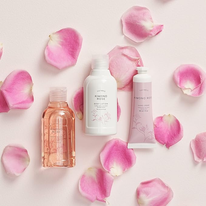 Thymes Travel Set and Beauty Bag - Contains Body Wash, Body Lotion & Hand Cream - Kimono Rose