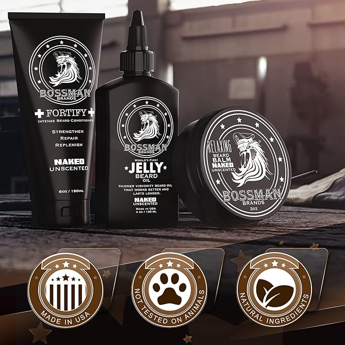 Bossman Essentials Beard Kit for Men – Beard Oil Jelly, Fortifying Conditioner Cream & Beard Balm – Grooming Care Accessories (Naked - Unscented)