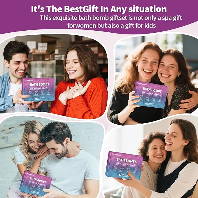 Bath Bombs Birthday Gift for Women Mom Her Daughter Wife Set, 24-Pack Aromatherapy Bubble Bath, Handmade Natural & Organic, Spa Relaxing Birthday Gifts for Men, Amazing Present for Kids