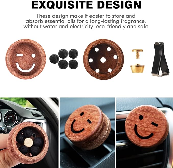 Essential Oil Car Diffuser, 2 PCS Smile Car Aromatherapy Wink Wood Diffuser with Vent Clip