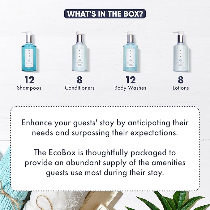 1-Shoppe Infuse 40 Piece Ecobox All-In-Kit | White Tea and Coconut Soap | 12 Shampoo, 8 Conditioner, 12 Body Wash & 8 Lotion | 10oz Hotel Soaps and Toiletries Bulk | Personal Care Products