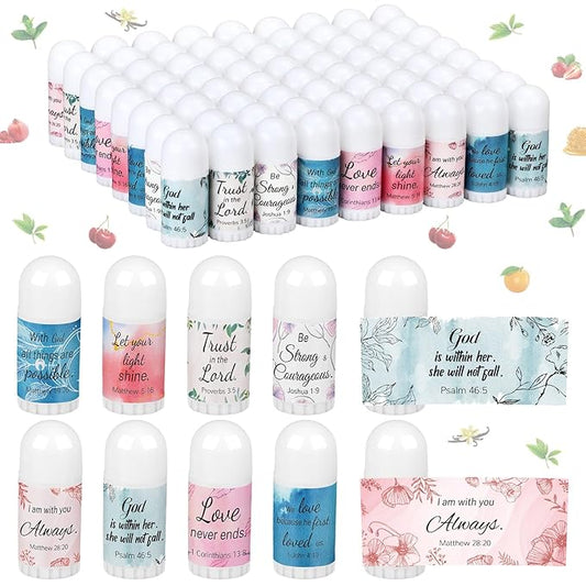 72 Pcs Mini Lip Balm Bulk Gift, 8 Flavors, Christian Themed, Moisturizing for All Skin Types