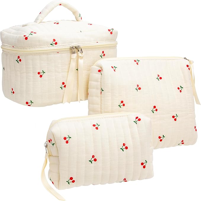 PAZIMIIK 3PCS Makeup Bag SET Large Travel Quilted Zipper Soft Cosmetic Case Pouch for Women Girls Make Up,Cherry Beige