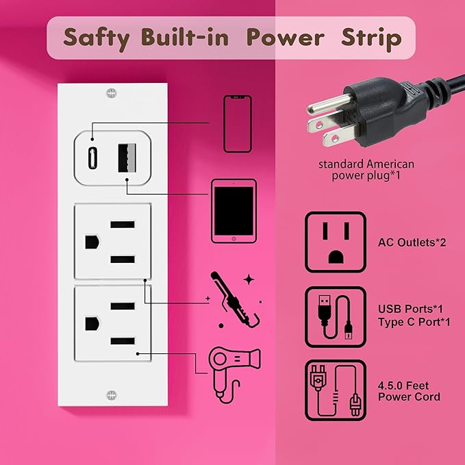 YESHOMY Vanity Desk with Mirror, Power Outlet and 10 Lights, Makeup Table with 7 Drawers, 3 Color Modes Available for Bedroom, Rose Red