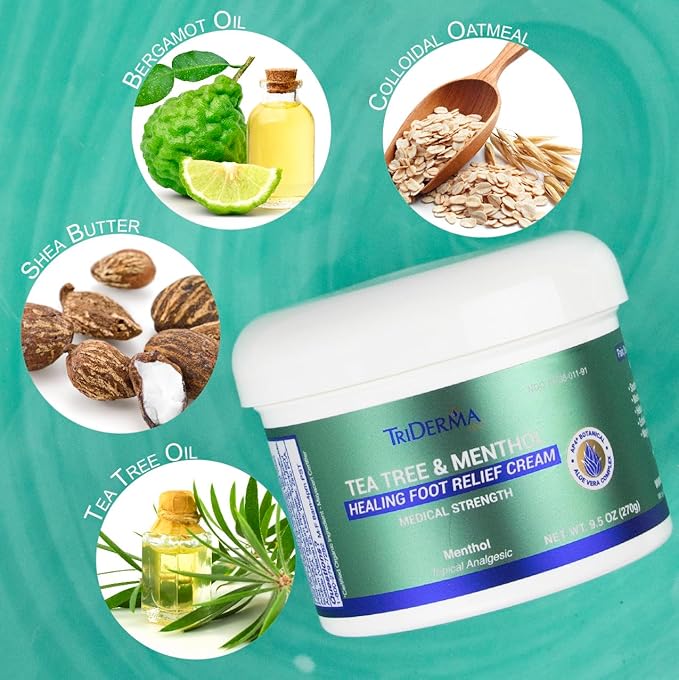 TriDerma Tea Tree Oil Foot Cream for Dry Cracked Feet, Itchy Skin, Tingling & Foot Pain with Menthol, Non-greasy 9.5 oz