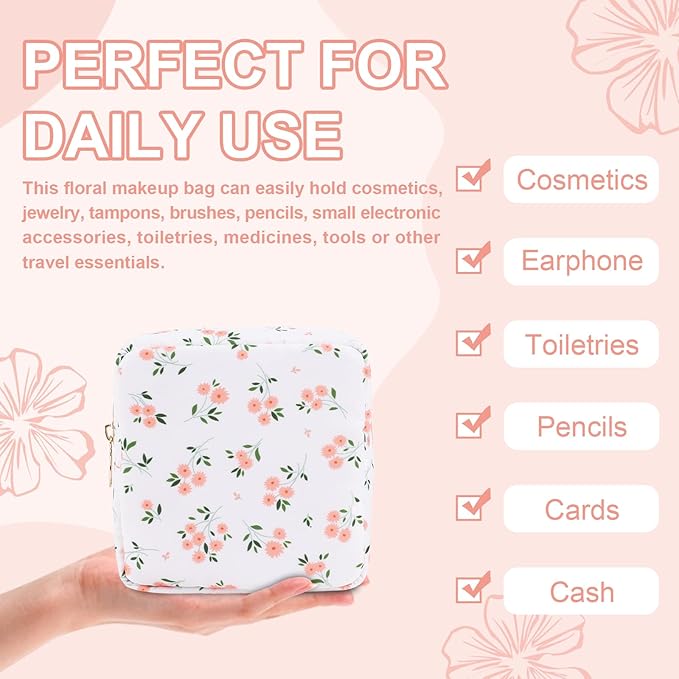 Waterproof Mini Floral Makeup Bag Pouch for Purse,Nylon Flower Cosmetic Travel Bag Small Preppy Toiletry Organizers Bag for Women Girl,Cute Zipper Pouch Coin Purse for Work(Mini White-Flowers)