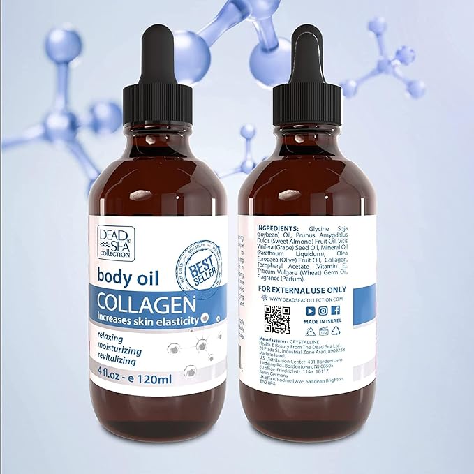 Dead Sea Collection Body Oil for Dry Skin - Collagen & Vitamin E - Moisturizing & Nourishing, Anti-Aging & Skin Elasticity Support for Face Pack of 2 (4 Fl. Oz Each)