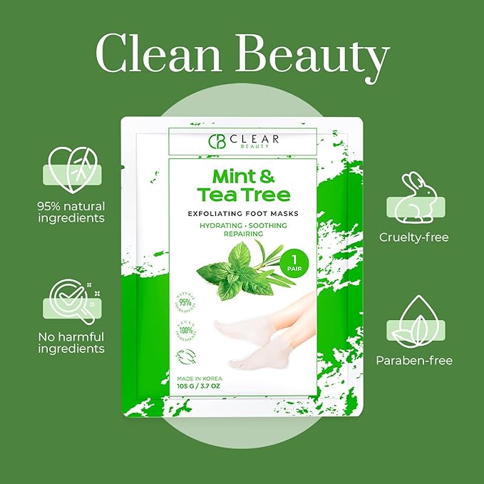 Mint & Tea Tree Foot Masks Moisturizing Socks - Exfoliating, Hydrating & Revives Cracked Feet - Dermatologist Tested, Clean Beauty & Cruelty-Free Skincare - 3 Pairs
