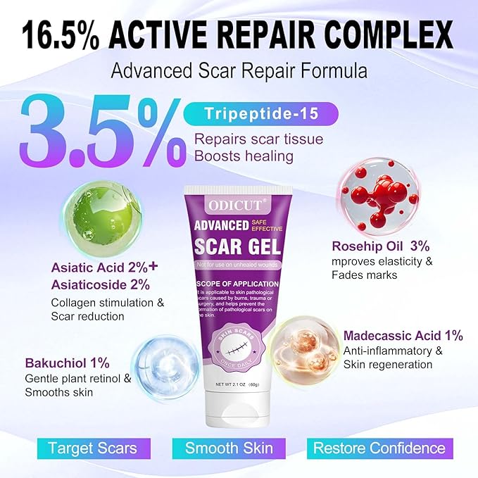 Silicone Scar Gel - 16.5% Complex Active Repair Scar Cream, 2.1 oz for Stretch Marks & Surgical Scar Treatment, Keloid Care for All Skin Types. Effective on New & Old Scars, Pregnancy, Keloids-Purple