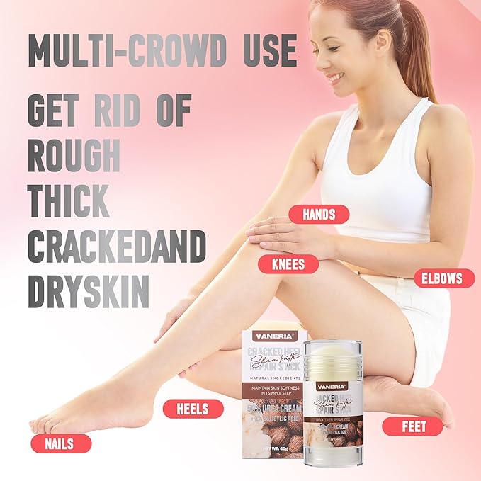 VANERIA Cracked Heel Repair Stick,Heel Balm for Dry Cracked Feet Treatment with Shea Butter & Coconut Oil,Deeply Moisturize & Soften Feet,Exfoliates Dead Skin 40g(Shea Scent)