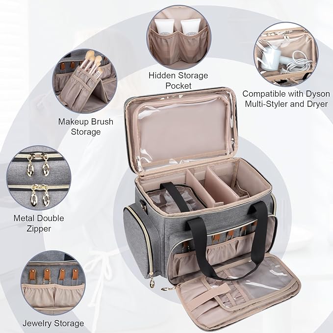 Large Makeup Bag, Portable Travel Makeup Bag Organizer for Women Girls with 2 Removable Pouches & Detachable Dividers, Cosmetic Travel Bag, Toiletry Bag for Makeup and Hair Supplies Grey