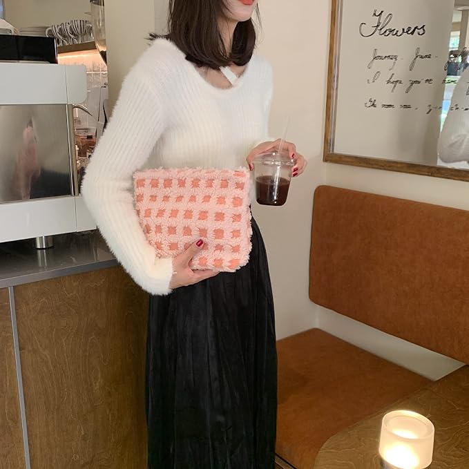 Makeup Bags for Purse Zipper Cosmetic Pouch Large Travel Make Up Organizer Tool Pouch for Women and Girls,Fleece Pink