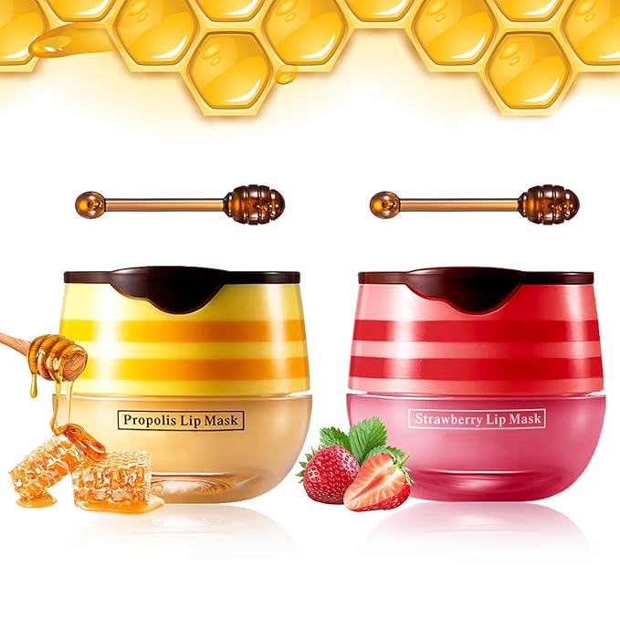 NVLEPTAP 2PCS Bee Lip Balm Honey Pot Honey & Strawberry Lip Balm Moisturizing Honey Lip Mask Lip Care Products Lip Balm with Wand