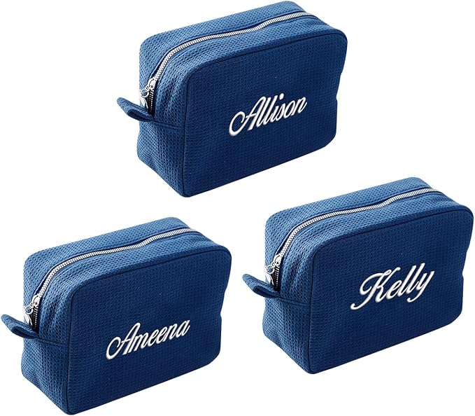 GOPHIE Personalized Embroidered Makeup Bag,Custom Waffle Fabric Cosmetic Pouch for Women, Travel Makeup Pouch (3, Navy Blue)